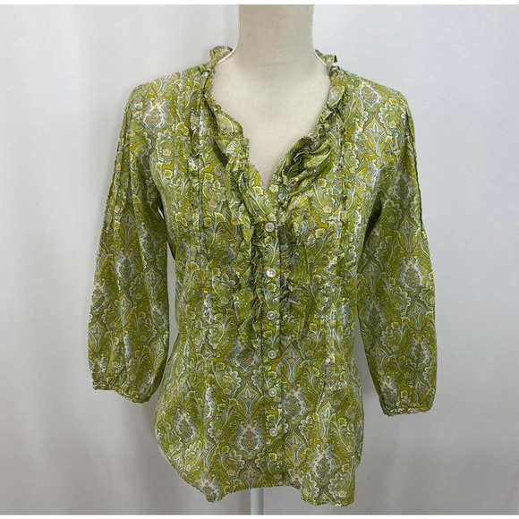 Talbots Tops - TALBOTS | Green Paisley Ruffle Front Blouse | 4